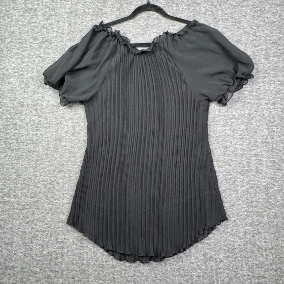 Pleated Sheer Blouse Ruffle Trim Short Sleeve Top Elegant Sexy Black Size Medium - Picture 1 of 6